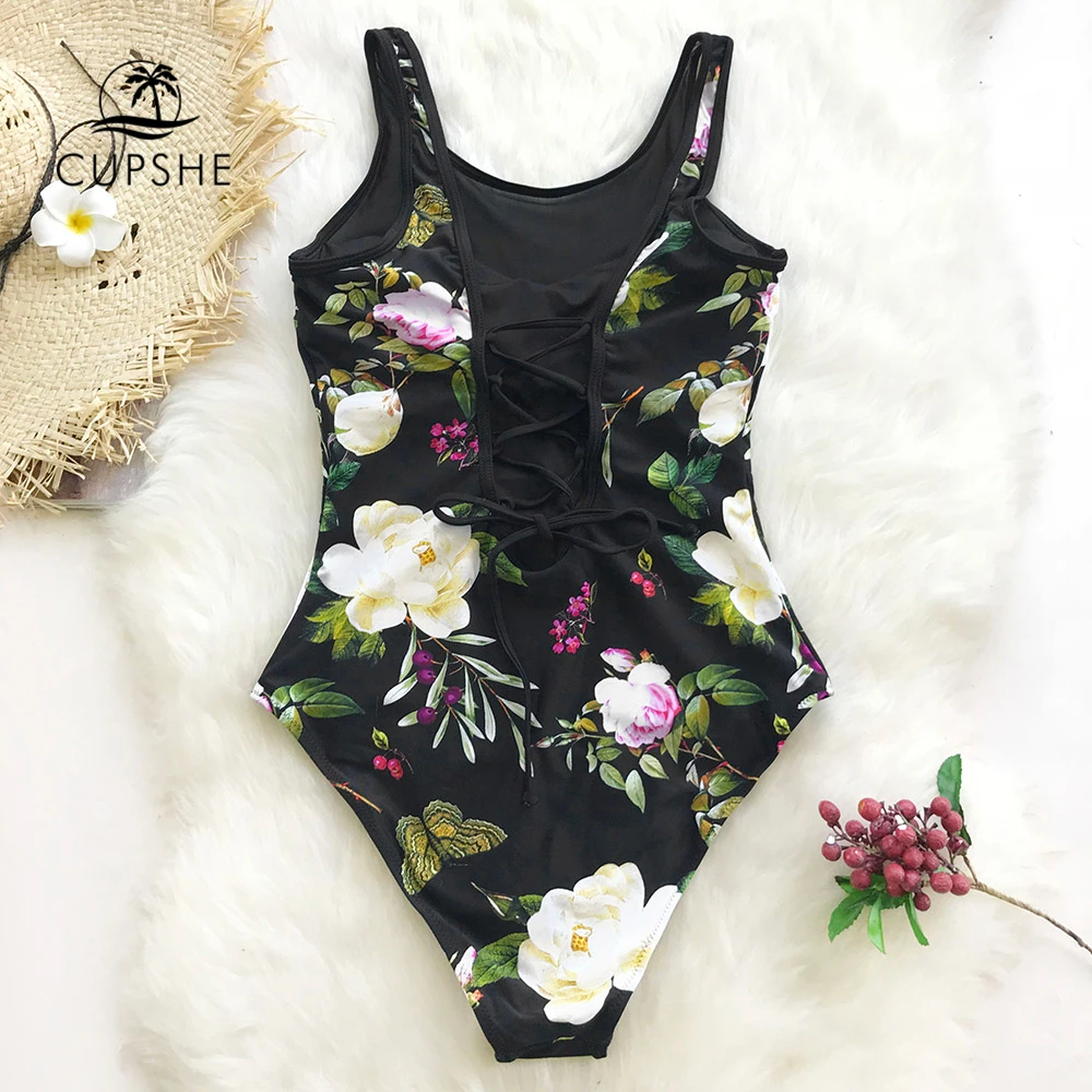 Billig CUPSHE Lotus Floral Print Und Mesh Patchwork einteiliges Badeanzug Frauen Oansatz Spitze up Monokini 2020 Mädchen Strand bade Bademode