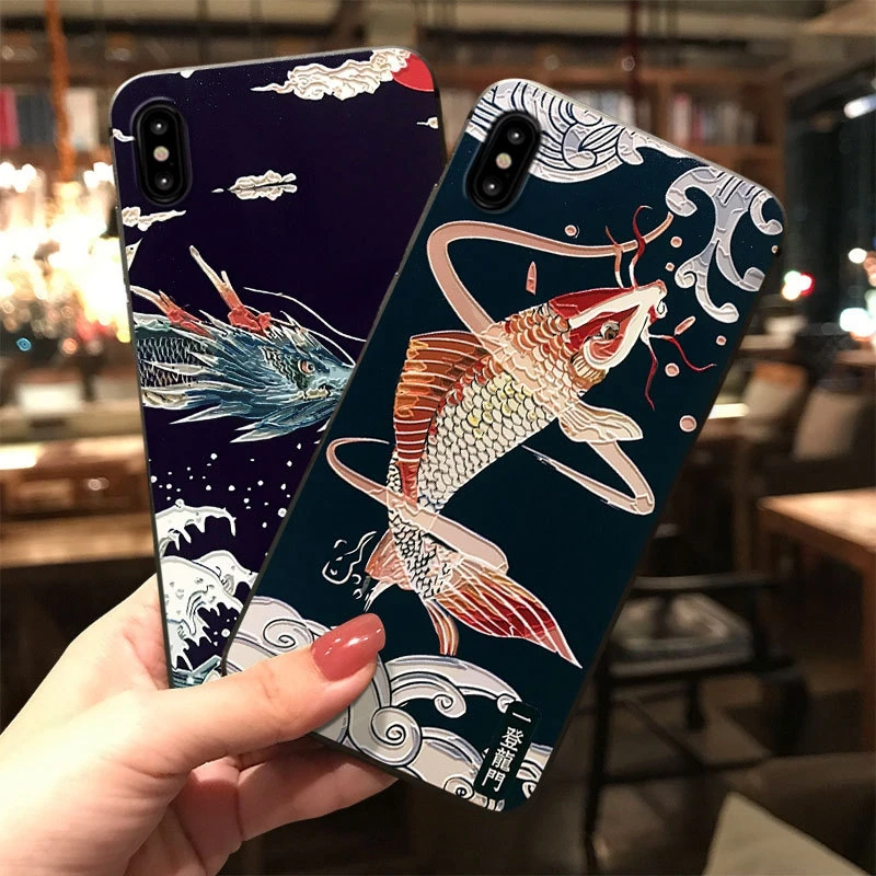 

3d Emboss Tpu Case For Iphone 6 S 6s 10 7 8 Plu 3d Emboss Soft Phone Case For Iphone X Xs MAX XR Capa Dragon Koi Fish Back Cover