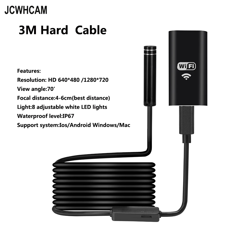 JCWHCAM 8mm Len WIFI Endoscope For Iphone Camera HD 720P Snake USB Pipe Inspection Borescope Android IOS Tablet PC HD Camera JCWHCAM 8mm Len WIFI Endoscope For Iphone Camera HD 720P Snake USB Pipe Inspection Borescope Android IOS Tablet PC HD Camera