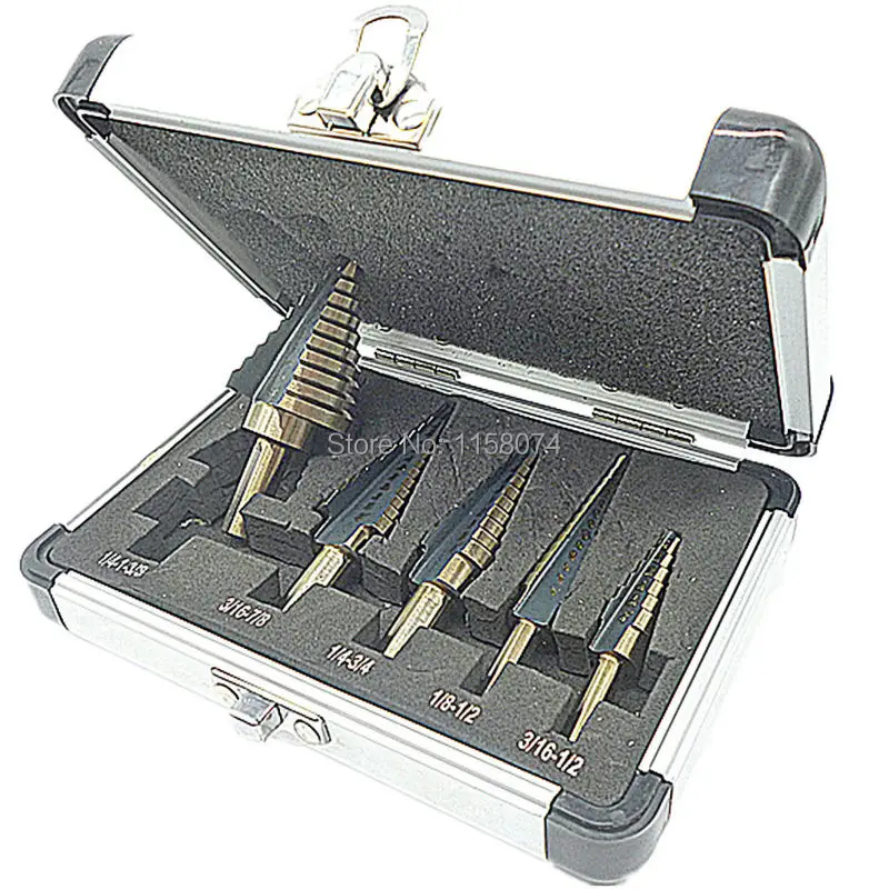 HOT NEW 5PCS HSS COBALT MULTIPLE HOLE 50 Sizes STEP DRILL BIT SET+Aluminum Case