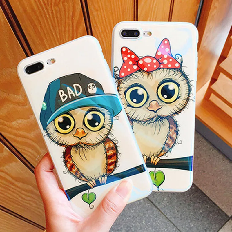 Синий чехол для iphone 8 Coque мультфильм животных Сова узор телефон задняя крышка Plus