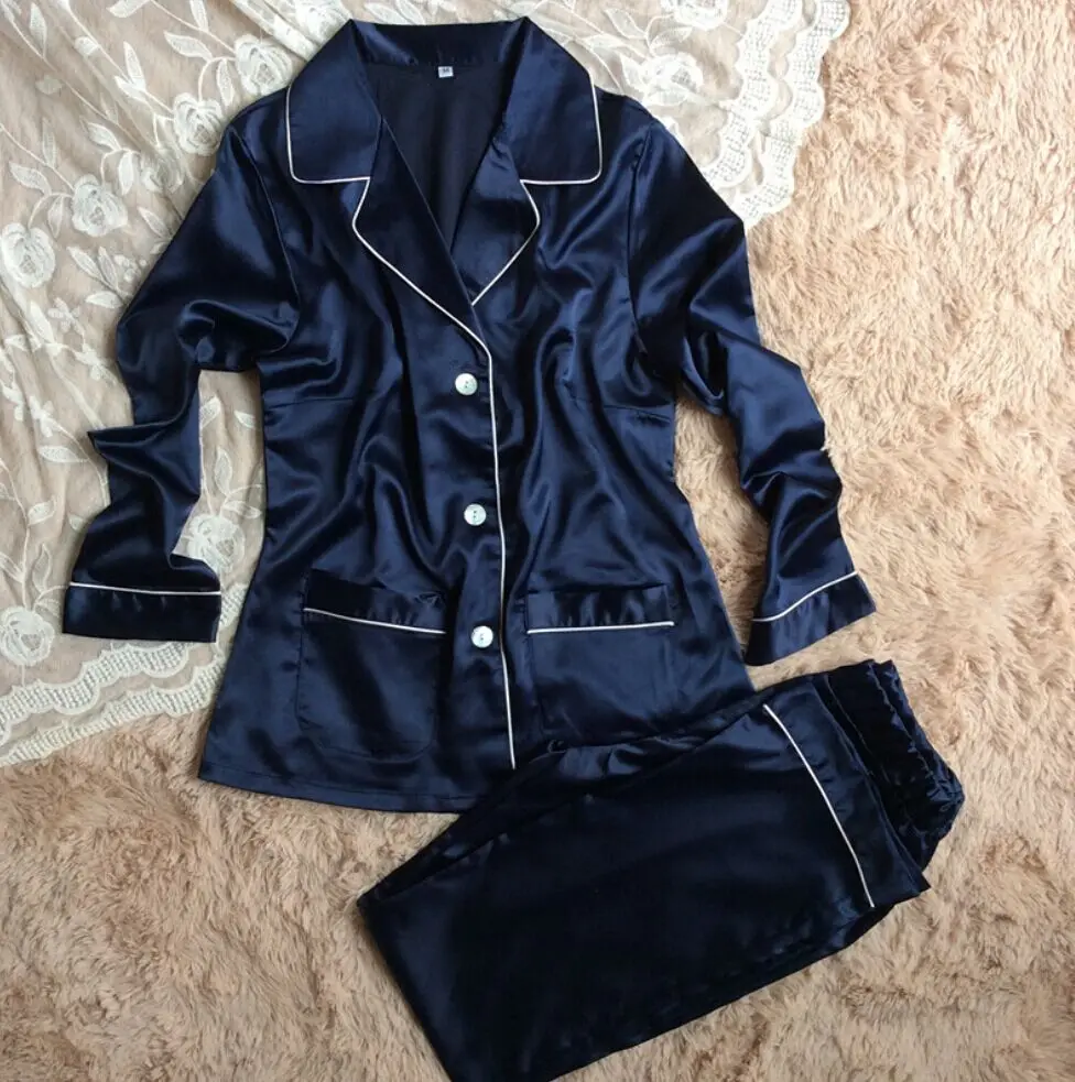 Шелковая атласная Женская одежда для сна, пижамный комплект с отложным воротником, комплект шелковой одежды для сна, топ с длинными рукавами+ штаны, 2 предмета - Цвет: Navy blue sets
