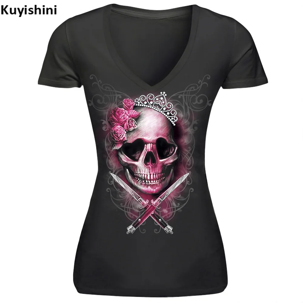 Женская футболка Харадзюку, Женская Летняя Сексуальная футболка с v-образным вырезом, с принтом бабочки и черепа, с коротким рукавом, женские Забавные футболки