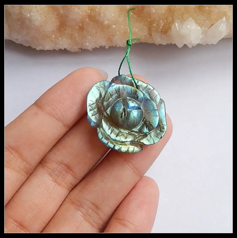 

Wholesale 1Pcs Natural Stone Flashy Labradorite Carved Flower Trendy Jewelry Front Drilled Necklace Pendant 28x25x9mm 7.32g