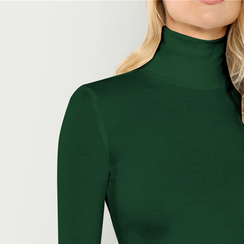 SHEIN, армейский зеленый пуловер с манжетами в рубчик, облегающий рукав с воланом, высокая горловина,, осенняя Женская Повседневная облегающая футболка, Топ