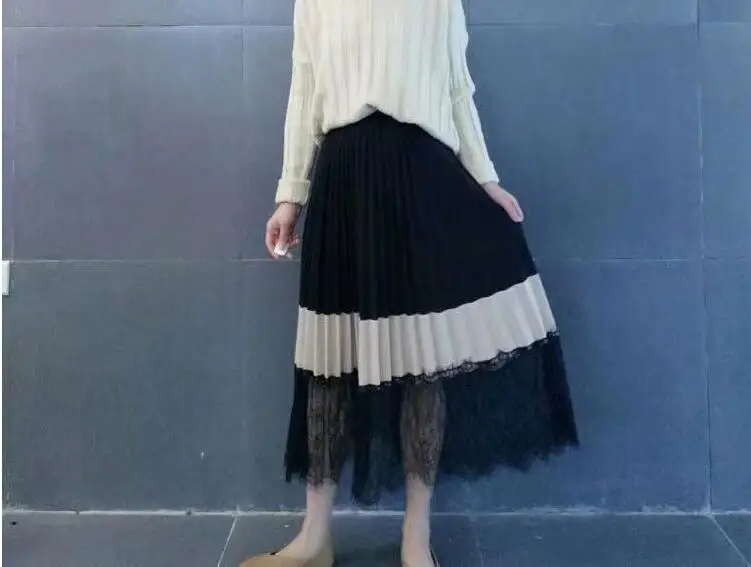 Весенние женские кружевные лоскутные винтажные плиссированные юбки с эластичной талией faldas mujer Женская повседневная одежда шикарные юбки