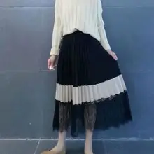 Весенние женские кружевные лоскутные винтажные плиссированные юбки с эластичной талией faldas mujer Женская повседневная одежда шикарные юбки