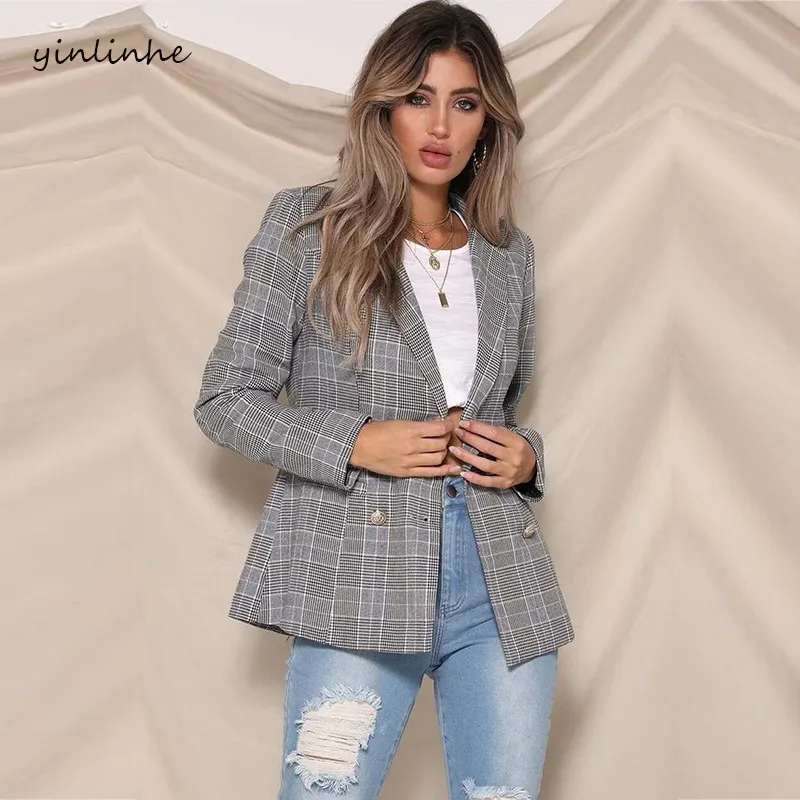 yinlinhe Plaid Autumn Coat Women Grey Long Sleeve 2019