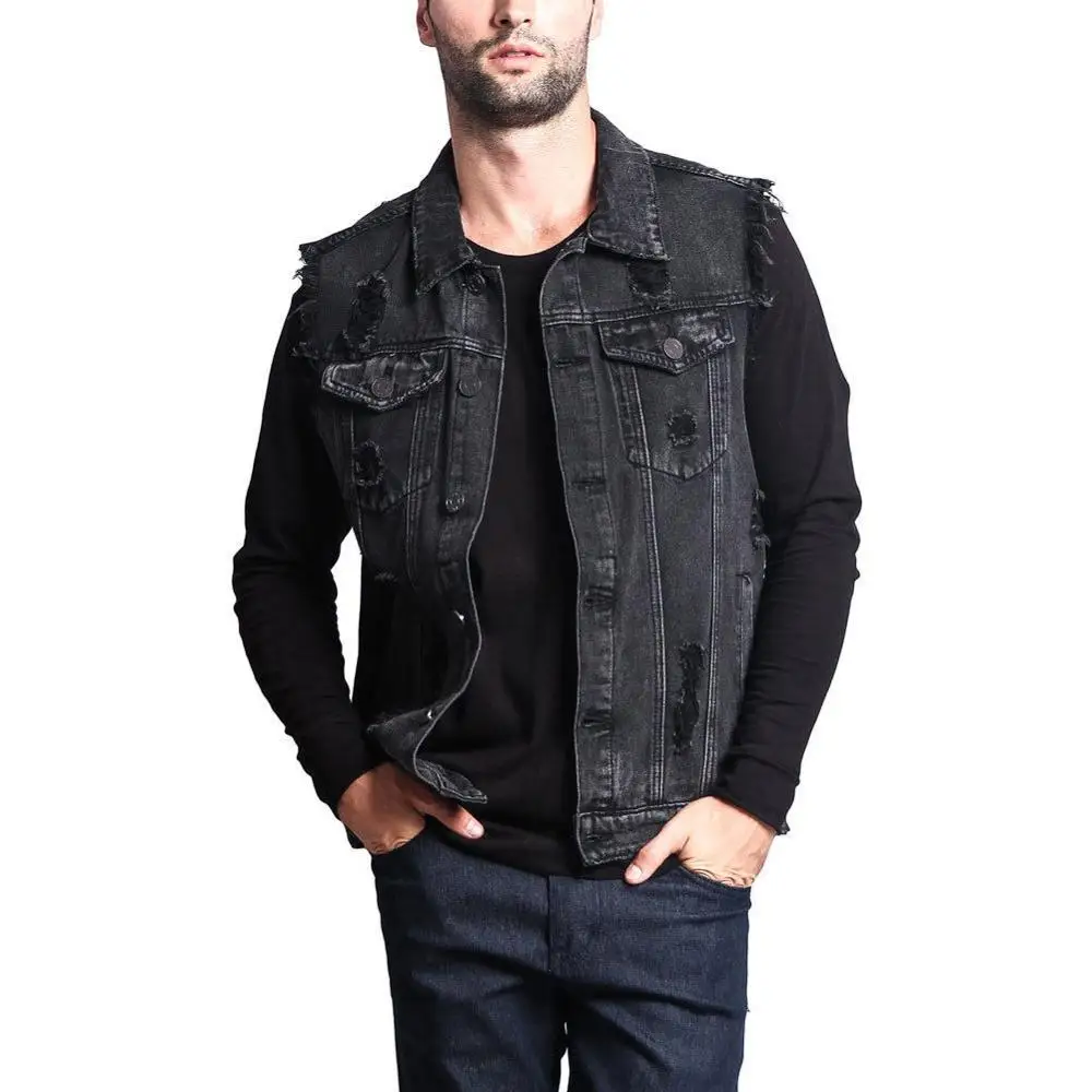 

Plus Size Men's Sleeveless Jacket Coat 2020 Vintage Hole Tassel Denim Vests Blue Black Outerwear Ripped Pocket Waistcoat Summer