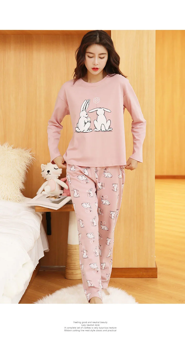 Ladies Long Sleeved Pajamas Bugs Bunny Cartoon Print Pajamas 100 Cotton ...