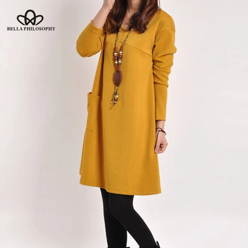Wonder 2019 new Spring Autumn Women Dress Long Sleeve Pocket Lady Dress Solid O-Neck Casual Loose Party Female Dresses S-3XL