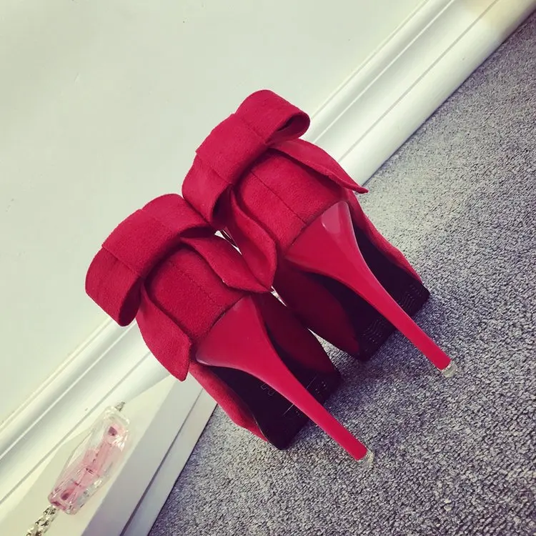 Женские ботильоны на тонком каблуке; сезон осень-весна; пикантные туфли-лодочки на высоком каблуке с круглым носком и бантом на молнии; модельные ботинки; женские ботинки на шпильке - Цвет: Red