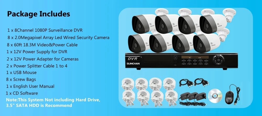 8 CH 1080P DVR AHD 2MP Outdoor Array Camera Home Security System