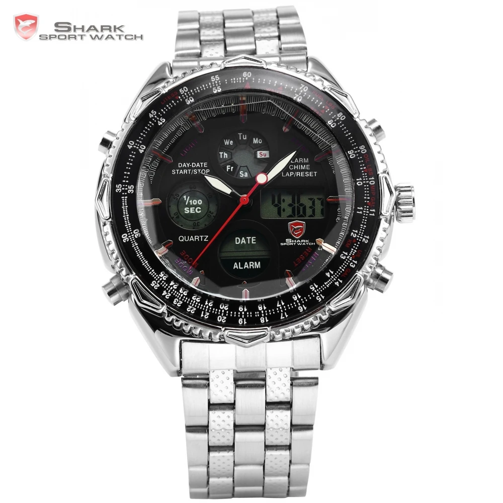 Prix pour Eightgill Requin Sport Montre Dual Time Numérique Analogique Argent Acier Inoxydable Chronomètre Hommes Noir Quartz de Course Montre-Bracelet/SH111 Prix pour Eightgill Requin Sport Montre Dual Time Numérique Analogique Argent Acier Inoxydable Chronomètre Hommes Noir Quartz de Course Montre-Bracelet/SH111