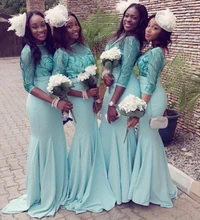 Vestidos Turquoise Mermaid Bridesmaid Dress 2017 Three Quarter Sequined Maid Of Honor Dress Arabic V Back Long Guest Gowns