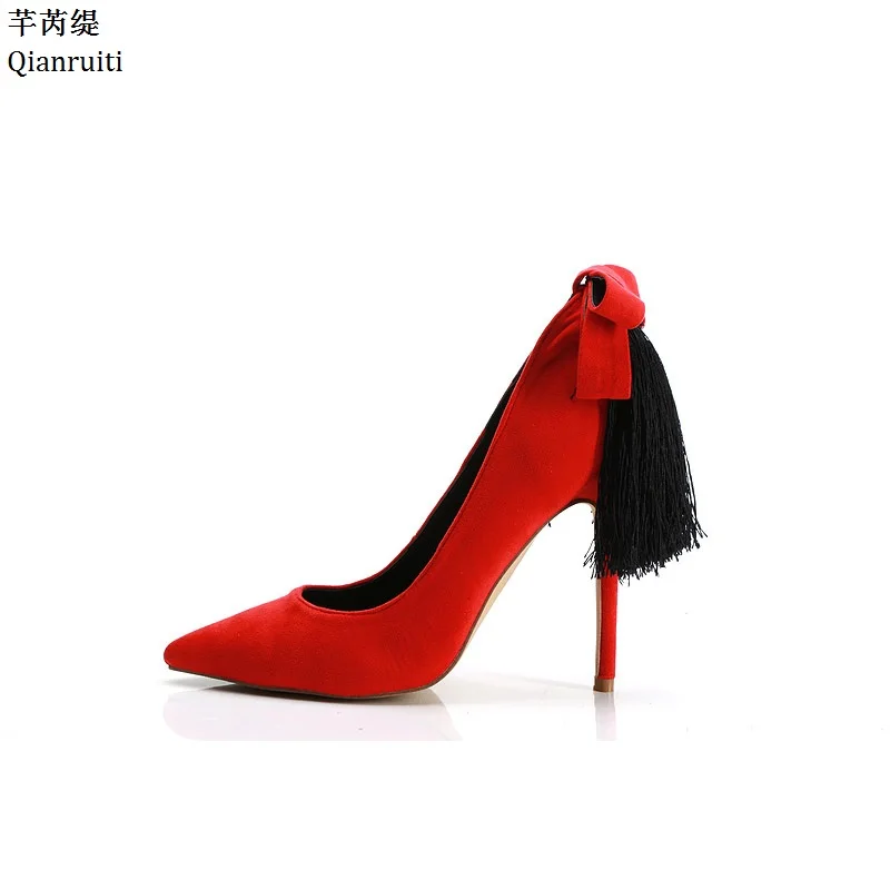 red faux suede heels