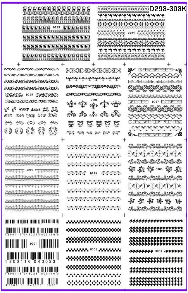 11 упаковок/партия, наклейки на ногти, водные наклейки для ногтей, черный штрих-код, шахматная доска, D293-303K