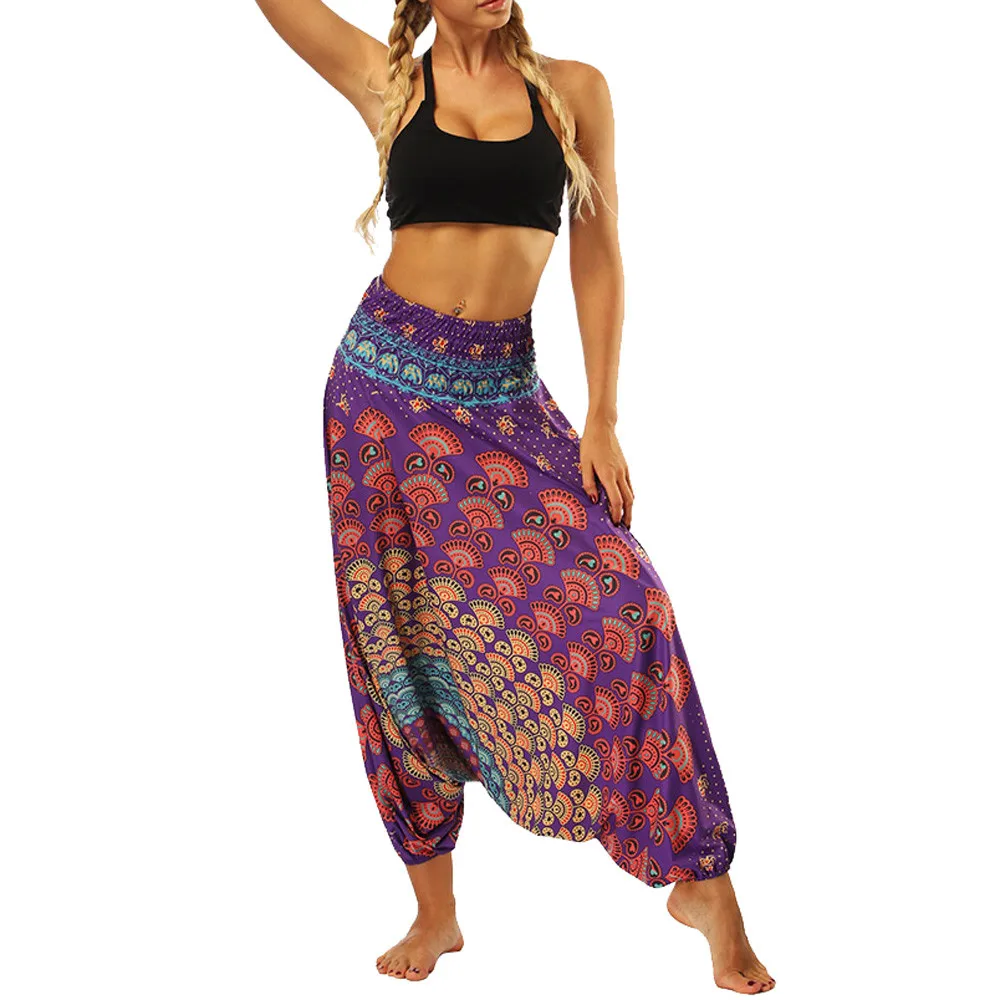 Женские летние пляжные брюки Boho Aladdin Gypsy Hippie, шаровары с эластичной талией, Женские Мешковатые брюки с принтом павлиньих перьев# T30