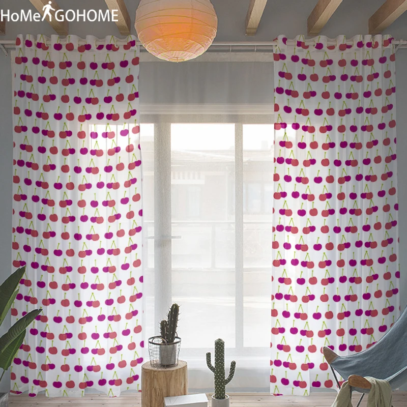 

Tulle Curtains for Living Room Red Cherry 3D Kitchen Modern Art Decor Window Sheer Curtains Divider Voile Curtain Single Panel