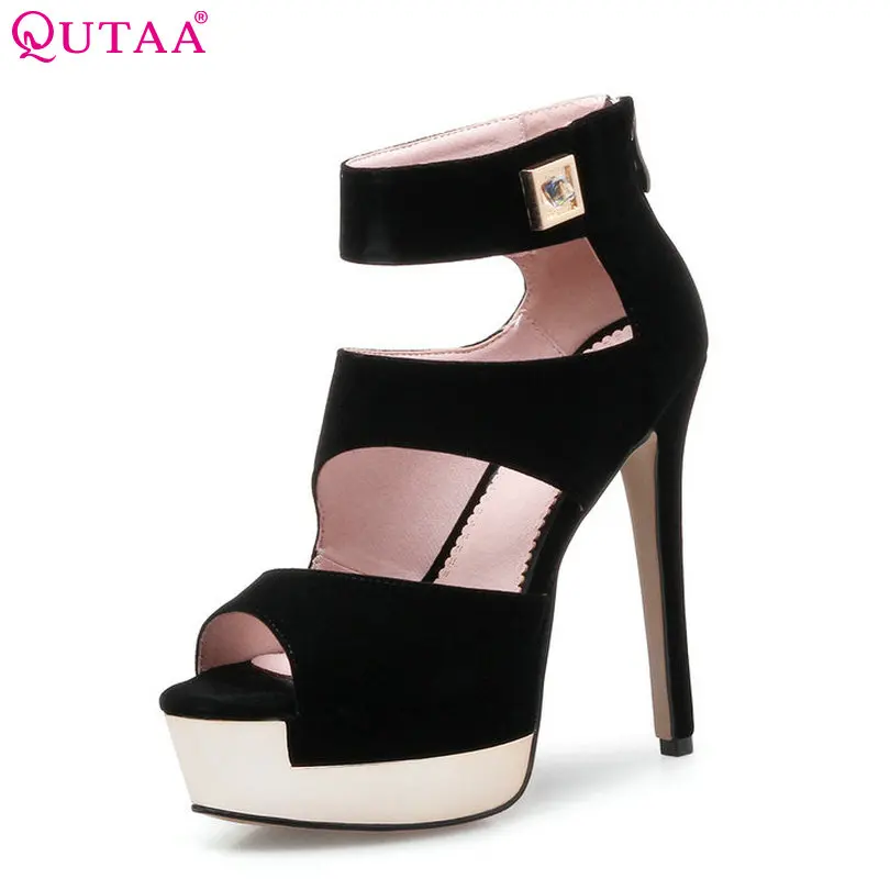 

QUTAA 2018 Women Pumps Ladies Shoes Black Zipper Elegant Thin High Heel Scrub Platform Peep Toe Woman Wedding Shoes Size 34-39
