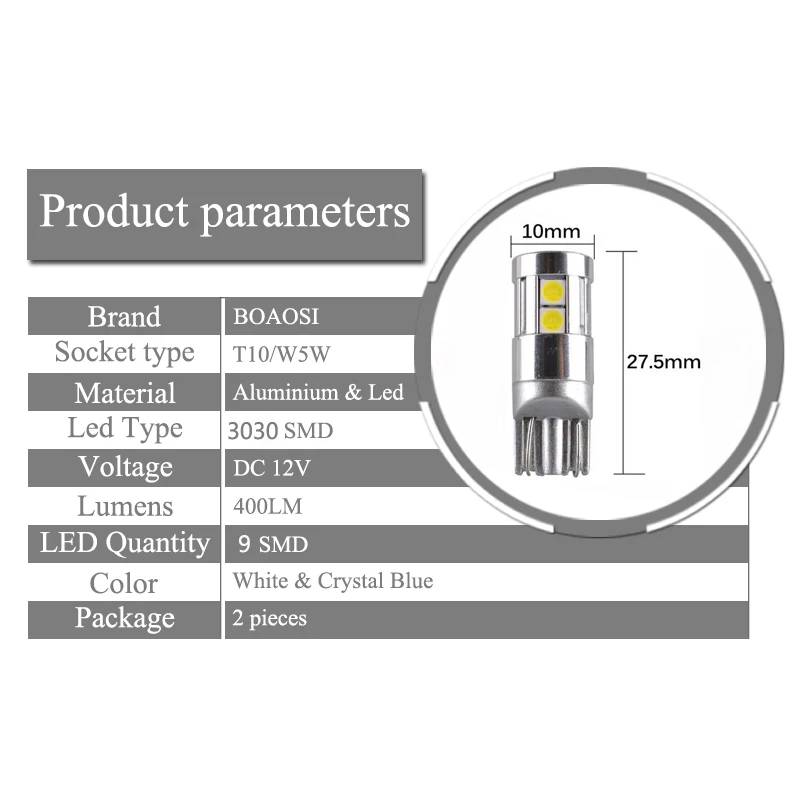 2x автомобильный светильник T10 w5w 9LED 3030SMD для hyundai solaris accent i30 ix35 i20 elantra santa fe tucson getz