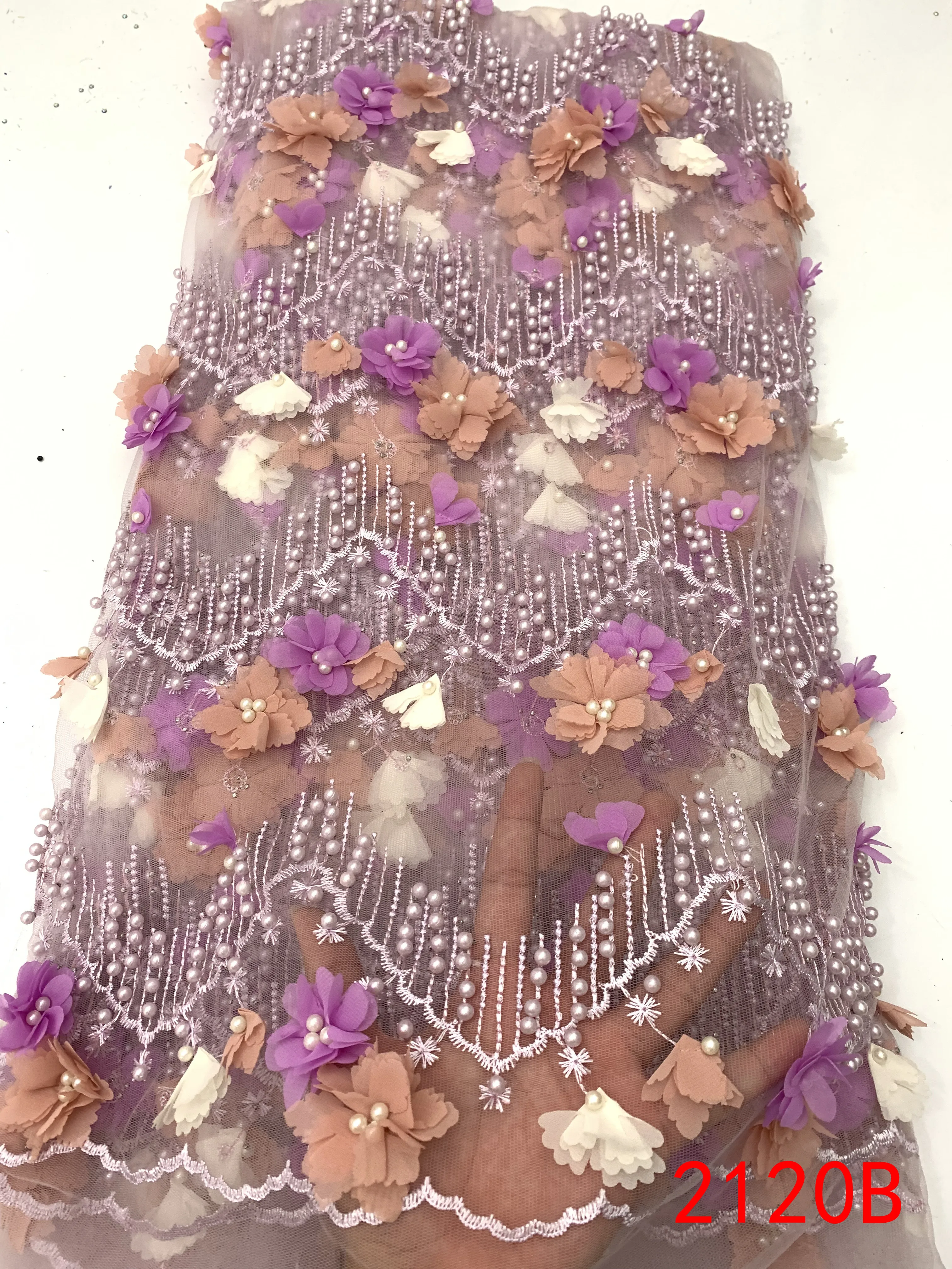 

High Quality French 3D Flowers Lace Fabric Latest African Tulle Lace Fabric Applique with Beads Stones KS2120b