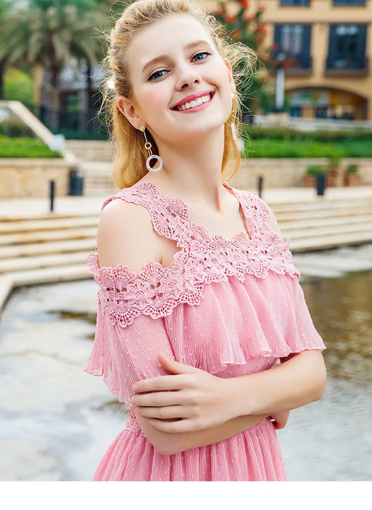 2018 Summer Dress Women Fashion Chiffon Ruffle Dresses Pink Lace Patchwork Vestidos Mujer Print Off Shoulder Dress Robe Femme (1)