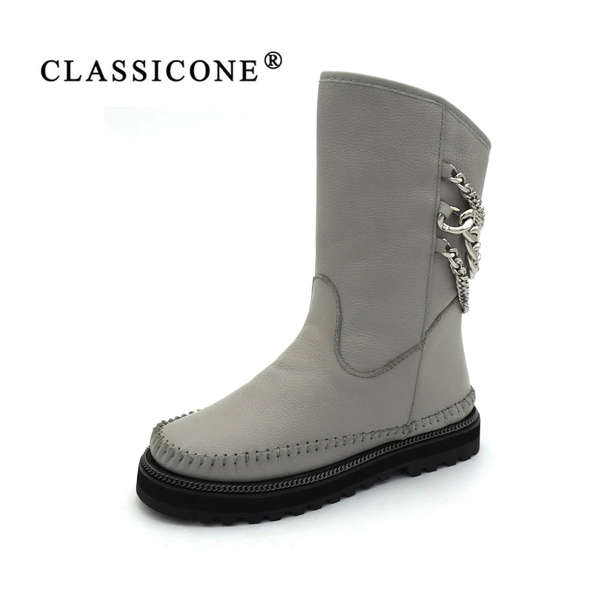 

CLASSICONE 2017women's boot winter shoes flats Genuine leather wool black gray snow boots designers brand fashion handmade style
