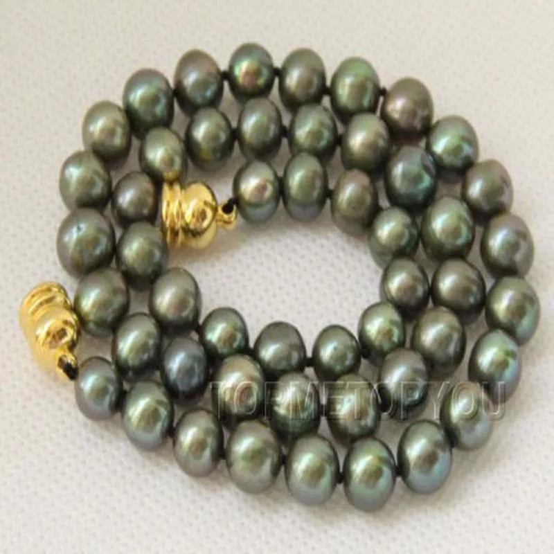 

New 8mm near round dark green pearls necklace E2128