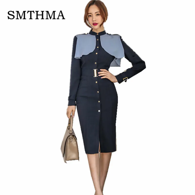 

2019 Autumn Winter Office OL Suit Dress Women Business Single-breasted Button Notches Collar Dresses Belt Dress