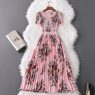 Элегантное летнее дизайнерское платье Женская мода vestidos de verano короткий рукав цветочный принт размера плюс розовые плиссированные платья - Цвет: Розовый