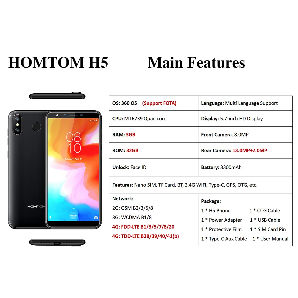 HOMTOM H5 мобильный телефон 5,7 дюйма HD дисплей 3 GB 32 GB Face ID 13MP камера 3300 mAh быстрая зарядка MT6739 4 ядра 4G смартфон