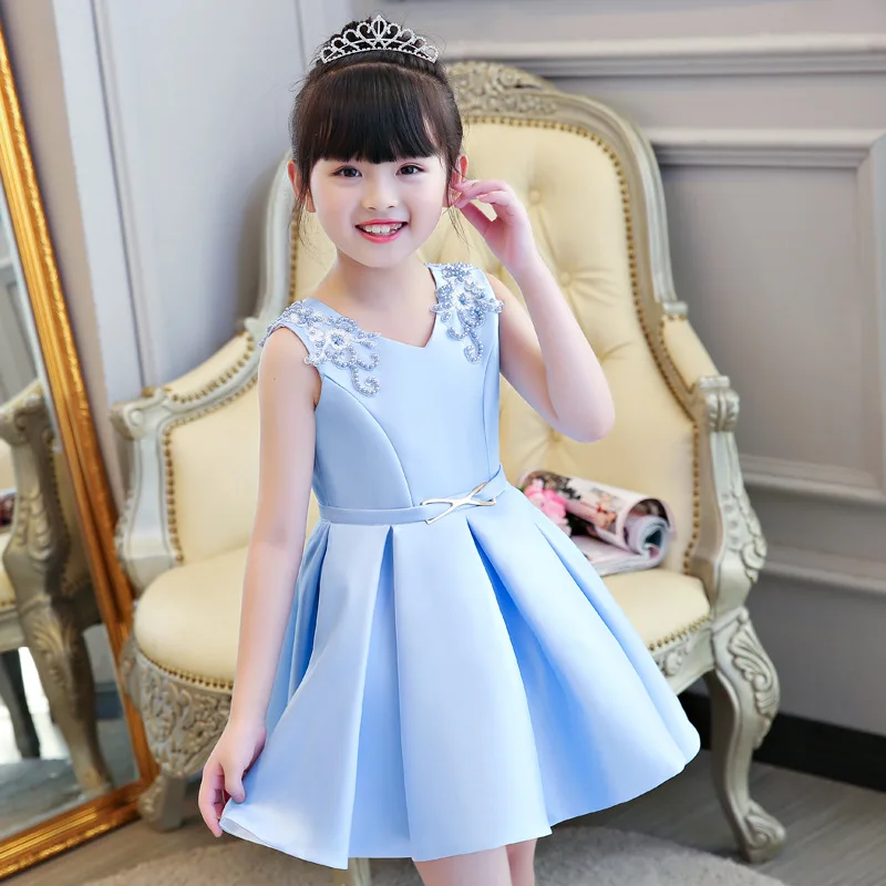 

2-12 Years Flower Girl Dresses for Wedding Beading V-neck Kids Pageant Dress for Birthday Pleated Princess Dress Party Gowns K59