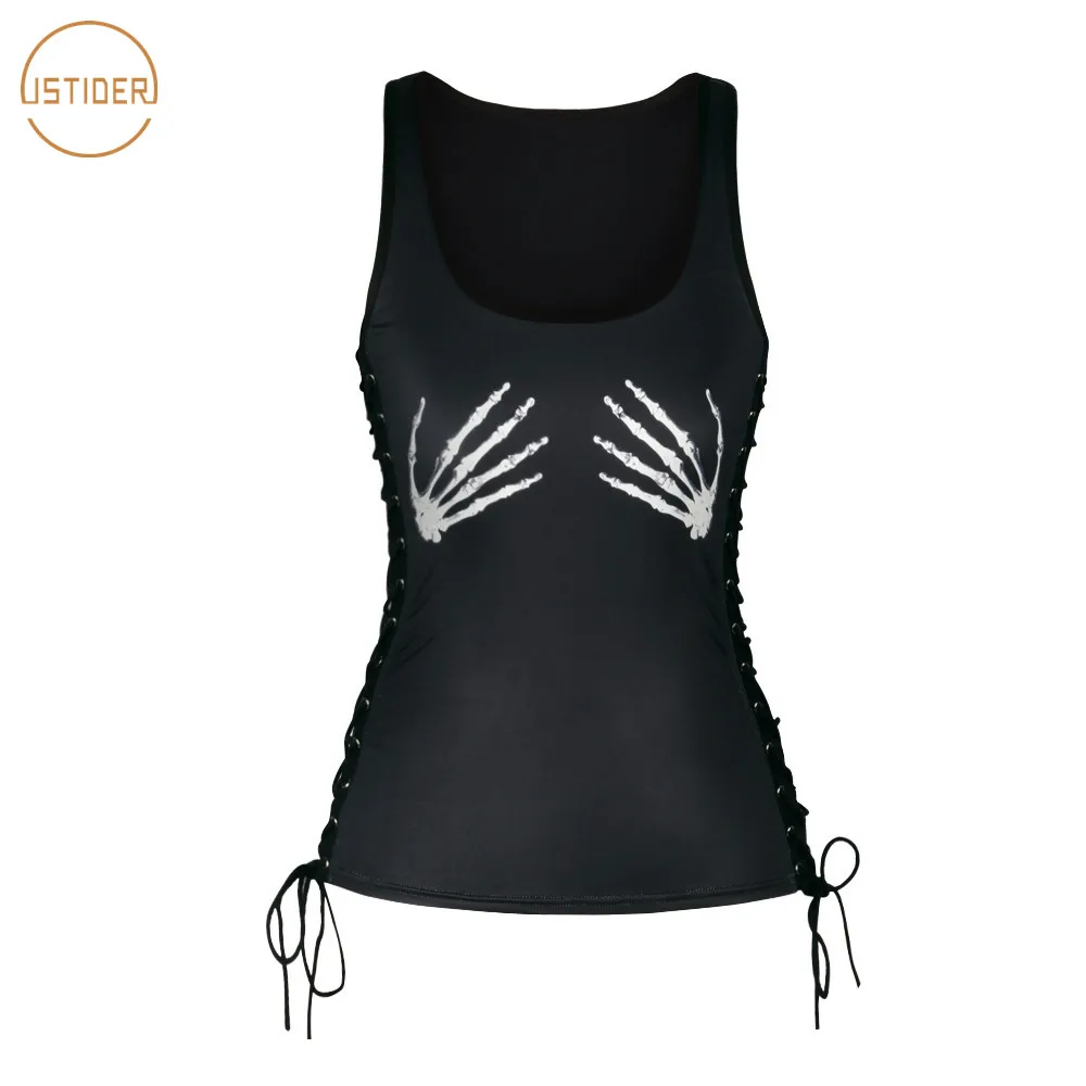 

ISTider New Halloween Skull Hands Tank Top Women Summer Bandage Sexy Top Casual Black Vest Girls Night Club Tops Sleeveless