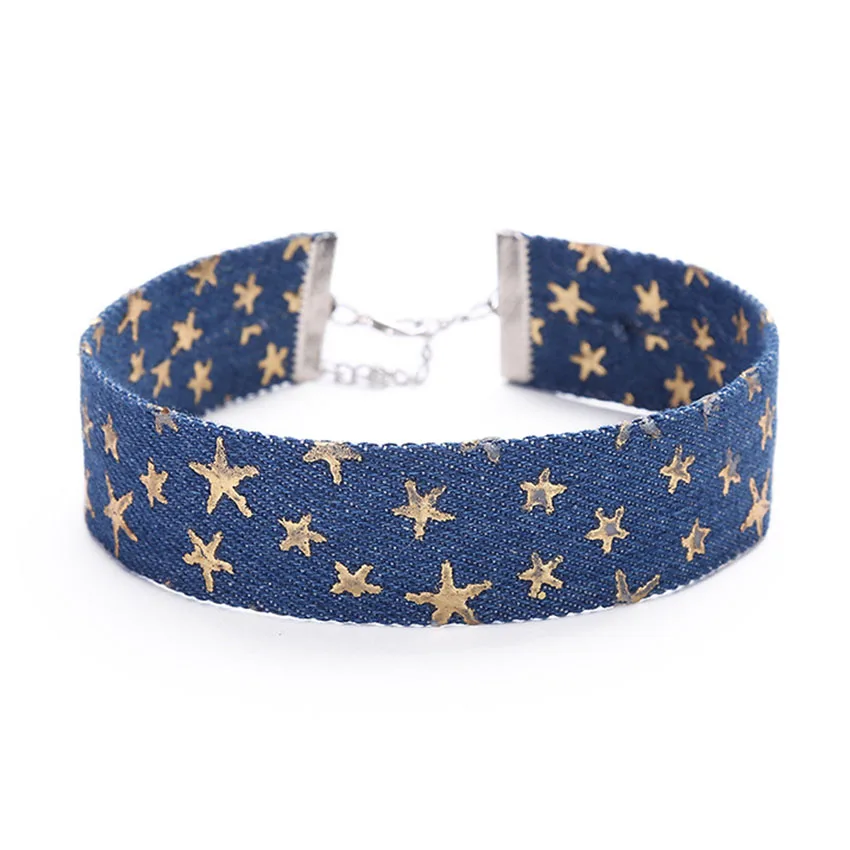 

2017 New Brief Necklace Alloy Star Punk Denim Choker Necklace for Women Accessories Fashion Torques Wide Tattoo Choker
