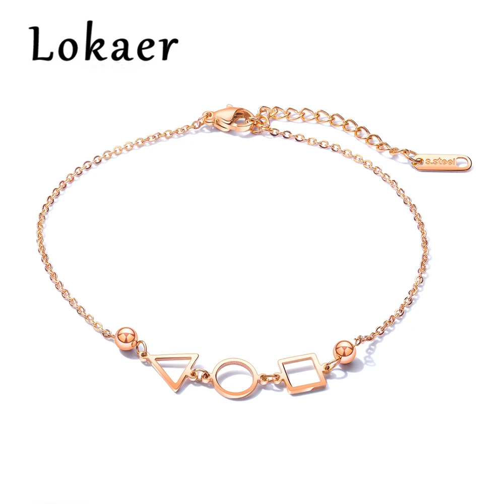 

Lokaer Fashion Geometric Anklet Bracelets For Women Rose Gold Color Round/Triangle/Suare Design Anklet 210mm+40mm Charm Chain