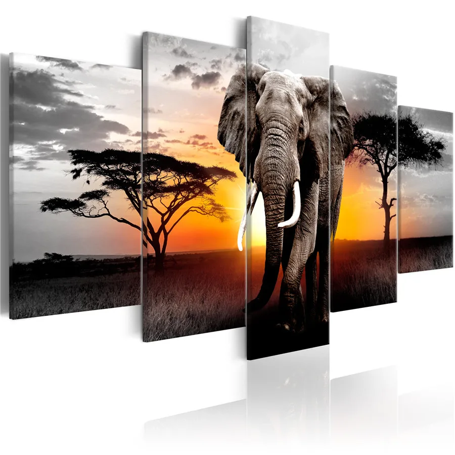 5 шт картина Слон на закате большой пейзаж картина холст картины для дома Декор гостиной(Цвет: разноцветный