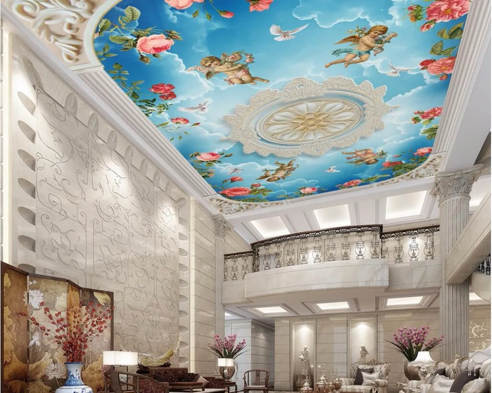 Design Ceiling Mural custom photo 3d wallpaper ceiling mural european embossed sky angel roses room painting wall murals for walls 3 d in wal