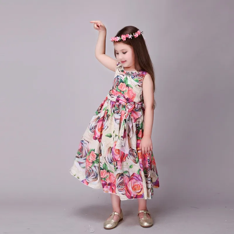 Детское летнее пляжное платье для девочек розовые модные детские платья с цветочным рисунком и длинным поясом нарядная праздничная одежда для девочек Vetement Fille от 3 до 9 лет