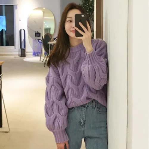 Lychee/однотонные свитеры для девочек; женские пуловеры с длинными рукавами и круглым вырезом; сезон осень-зима; повседневные женские свитера - Цвет: Purple