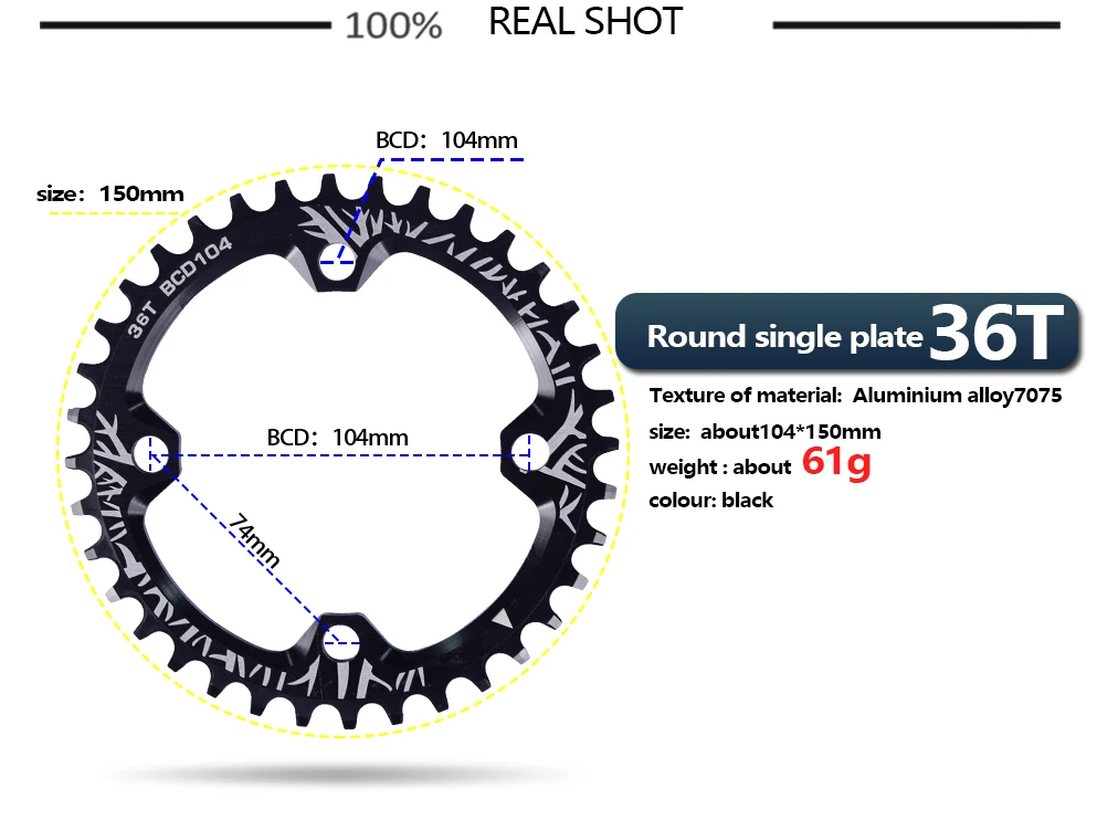 BXT велосипедная кривошипа 104BCD круглая форма цепное кольцо велосипедная цепь 32 T/34 T/36 T/38 T MTB велосипедная Кривошип алюминиевая Одиночная пластина