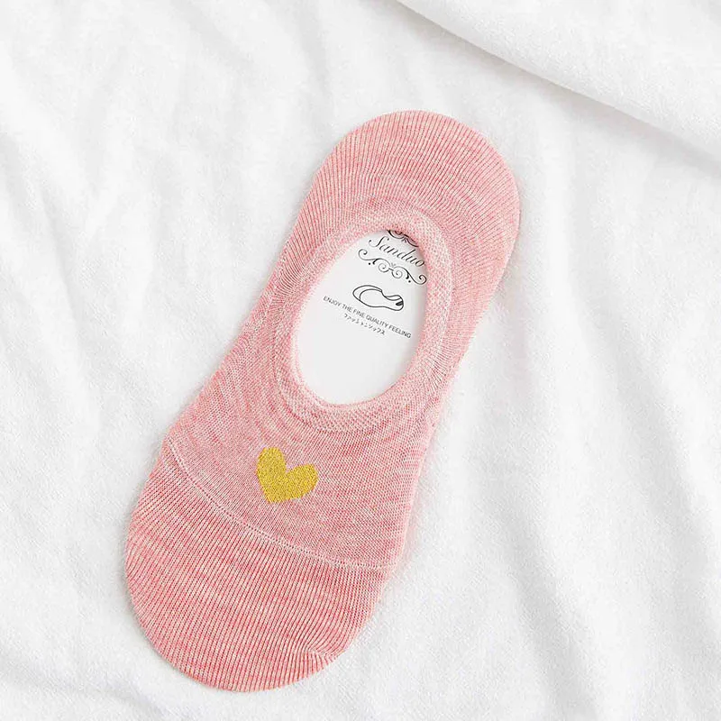 Невидимые женские дышащие хлопковые носки с принтом; модные милые Нескользящие носки ярких цветов в форме сердца - Цвет: Розовый