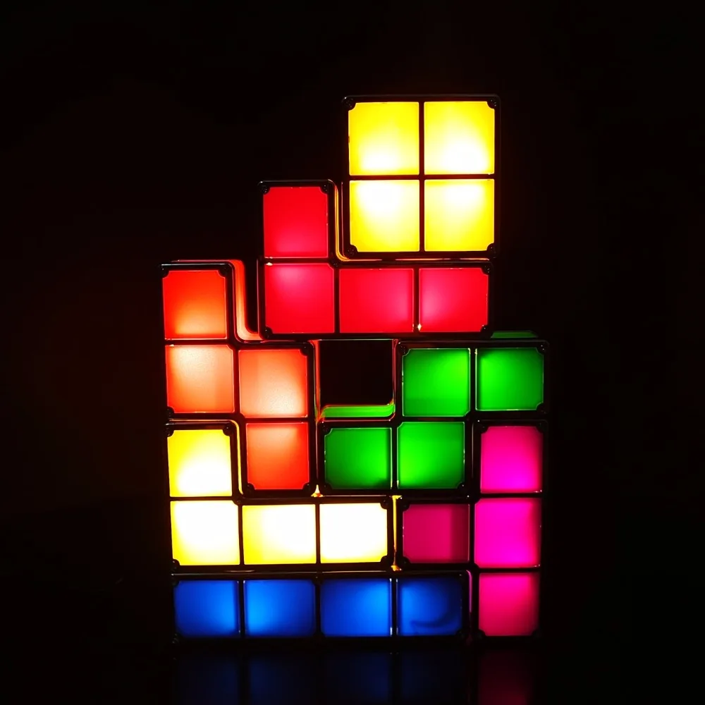 Comprar DIY Tetris puzle luz apilable LED lámpara de escritorio bloque de luz de noche Luz Retro juego Torre bebé colorido juguete de ladrillo