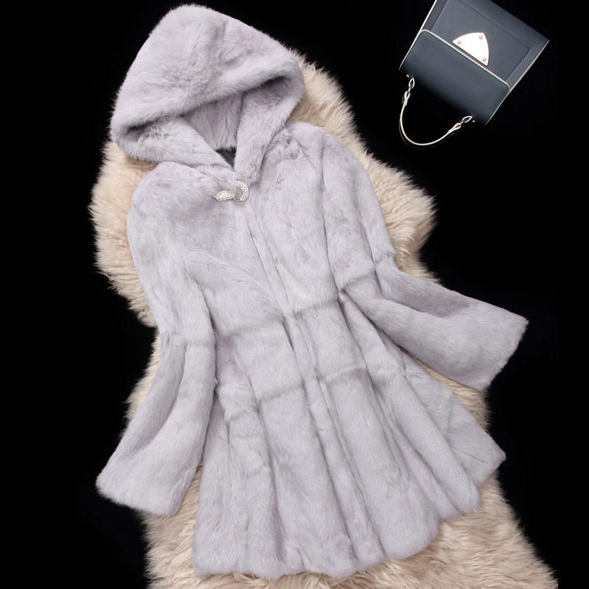

Real rabbit fur coat with big hat women full pelt rabbit fur Jacket skirt hem Diamond buckle customized plus size F1073