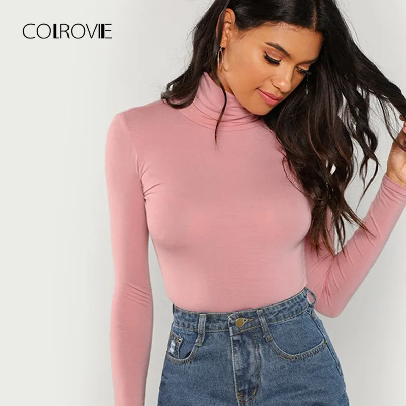 COLROVIE, розовая рабочая одежда, водолазка, Облегающая рубашка с длинным рукавом, женская футболка, осенняя, высокая горловина, элегантные топы, футболка, уличная футболка