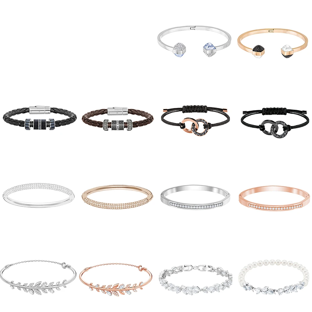 

NEW SWA High Quality Rose Gold Crystal Leaf Leaves Retro Women Bangle Black Carbon Texture Double Ring Shape Leather Hand Strap