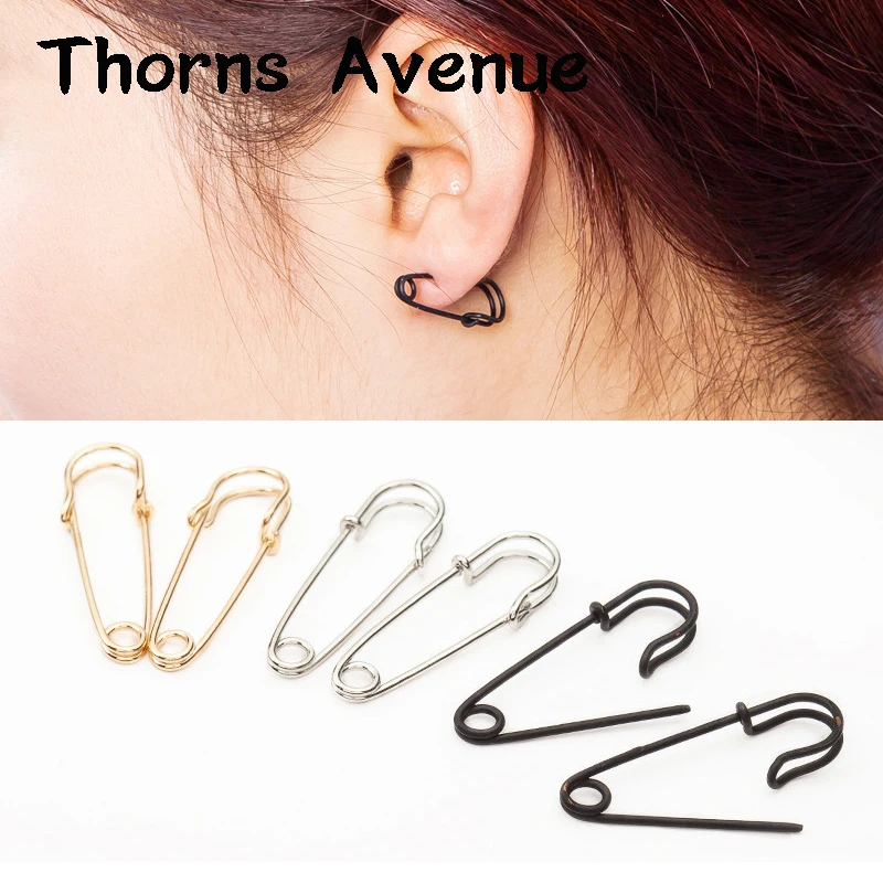

New Fashion Sliver Black Gold Color Geometric Paper Clip Shape Punk Statement Crystal Studs Earrings For Women Men Party Jewelry