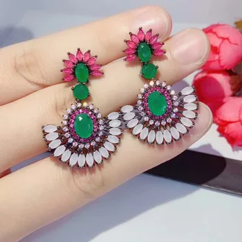 

Luxury Curved Flower Full Cubic Zirconia CZ Engagement Multicolor Wedding Party Nightclub Statment Drop Earring E9014