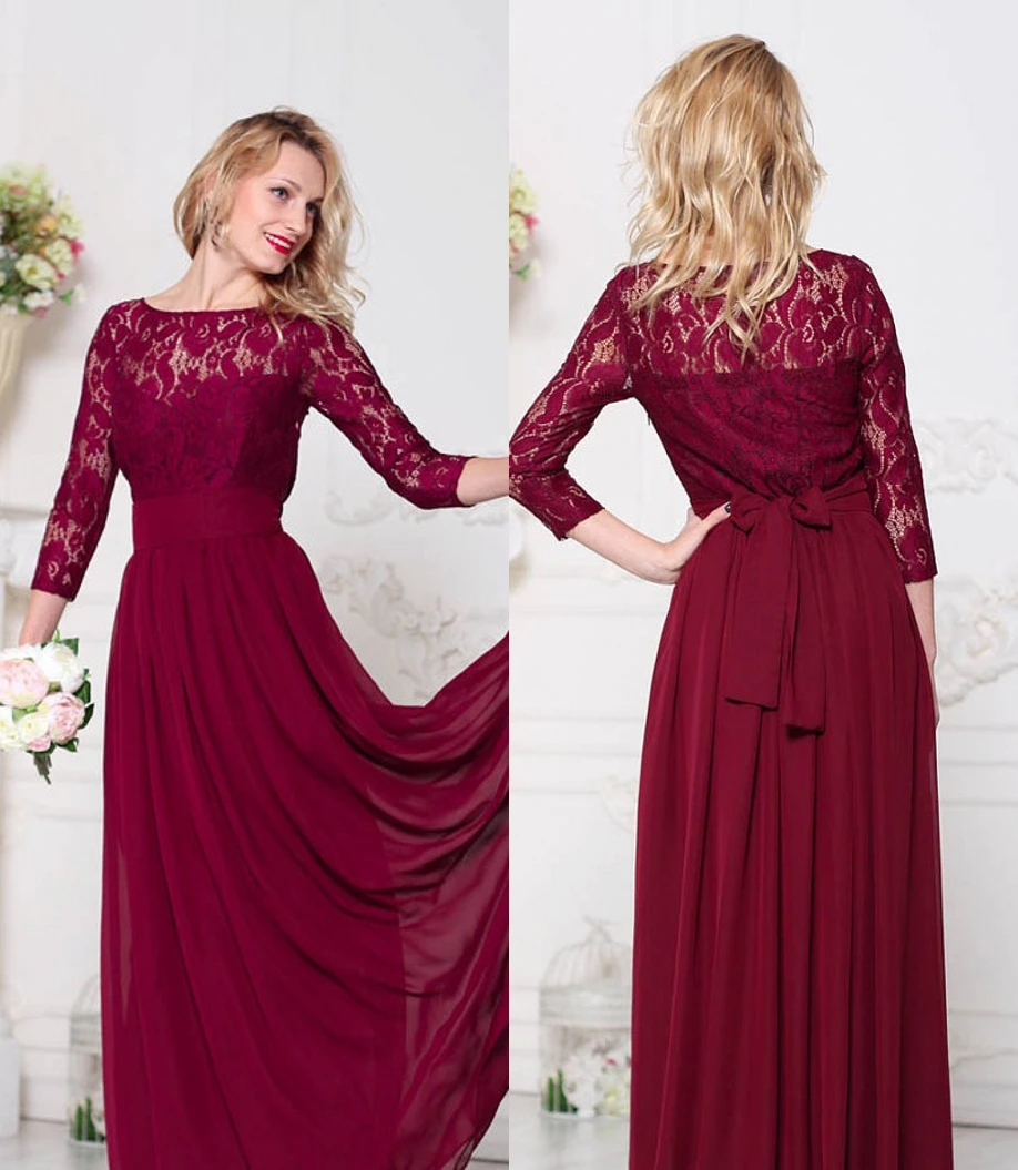 Dark Red Lace Chiffon Modest Bridesmaid Dresses Long With 3/4 Sleeves