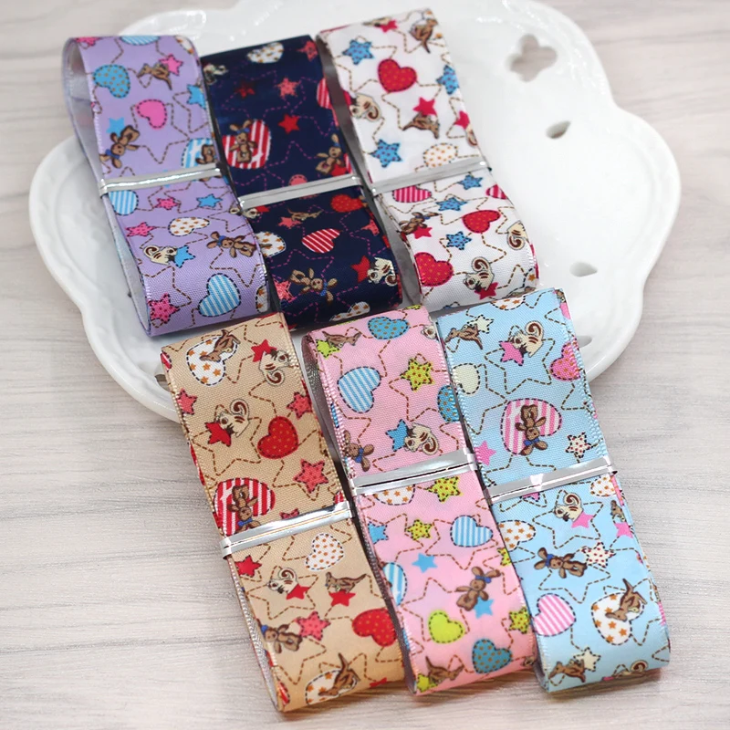 

New 25mm Peach heart printing polyester Ribbon DIY children Handmade bowknot Hair Accessories Decoration supplies (1 meter/lot)